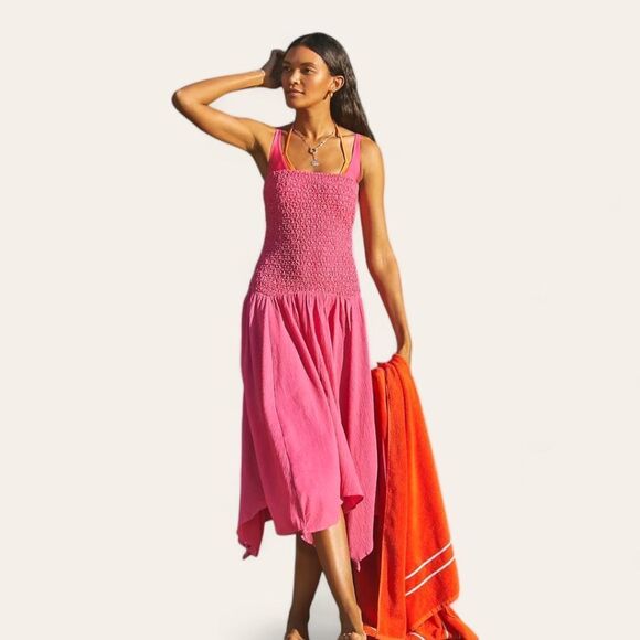 Anthropologie Crinkle Gauze Strapless Smocked Coverup Cut Out Beach Dress Sz M - Picture 3 of 13